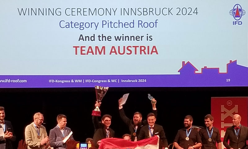 Team Austria is the gold first place steep slope roofing winner at the 2024 IFD in Innsbruck.